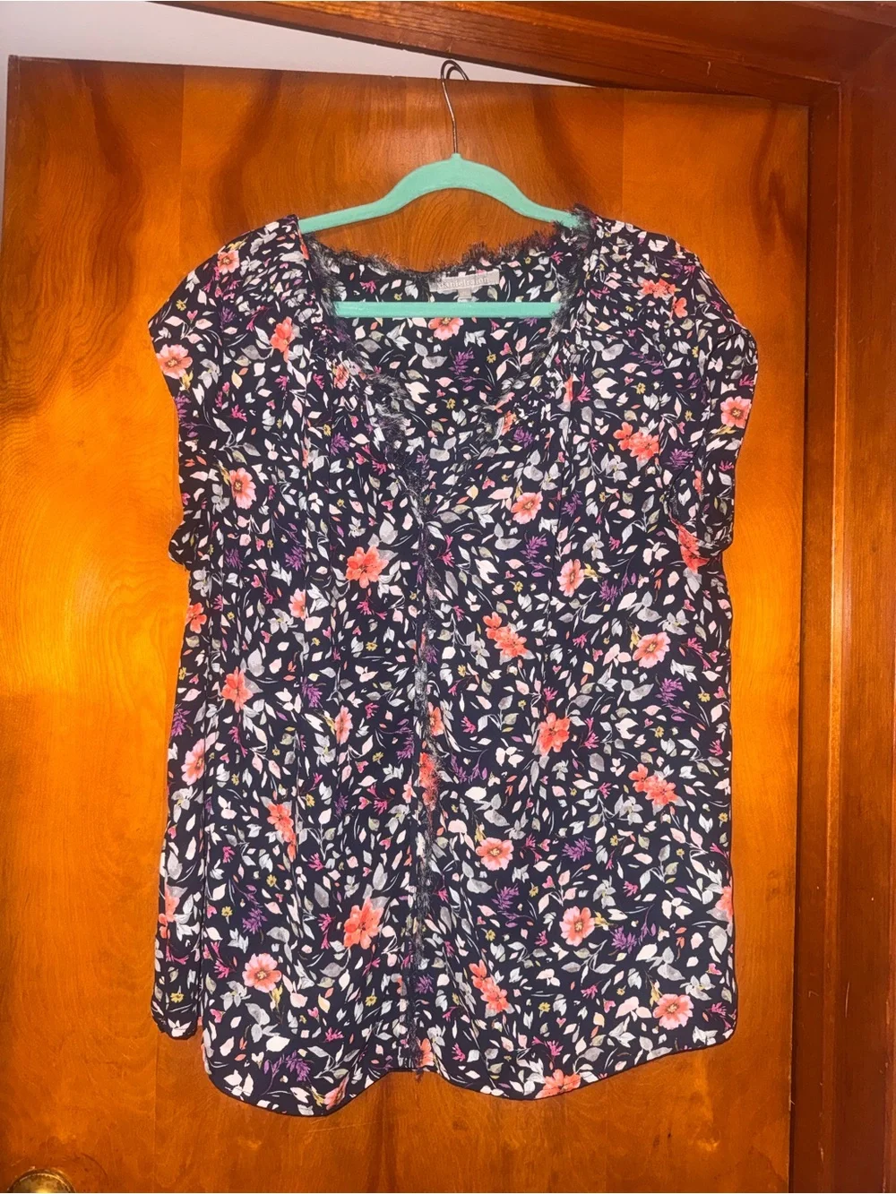 Daniel Rainn Navy Floral Cap Sleeve Blouse with Coral and Pink Flowers